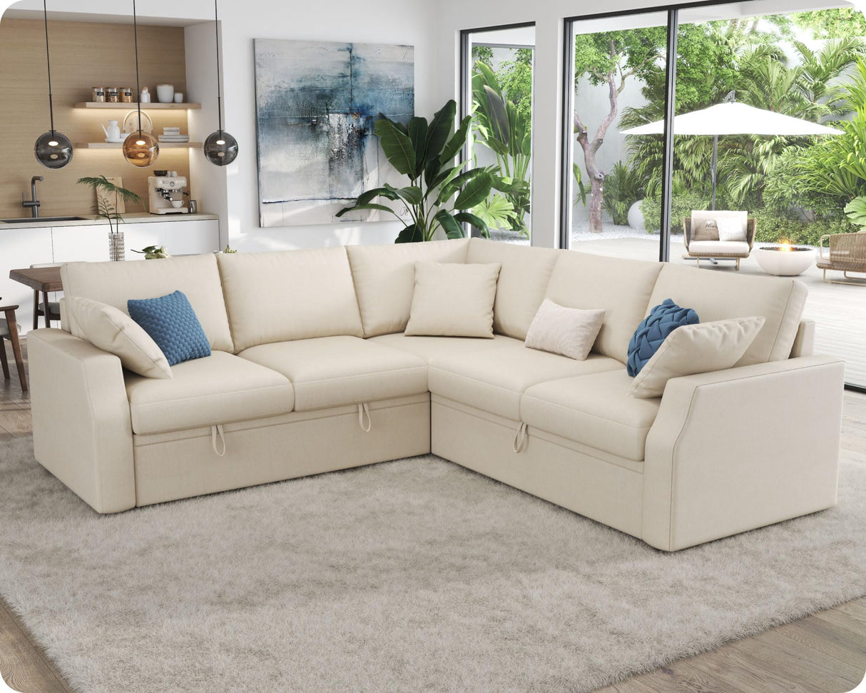 VanAcc Sofa Bed, 85 Inch Sleeper Couch with Storage Seat, L Shaped Sofa with Pull Out Sofa Bed, Sectional Couches for Living Room Apartment, Beige Linen Couch Sofa VanAcc