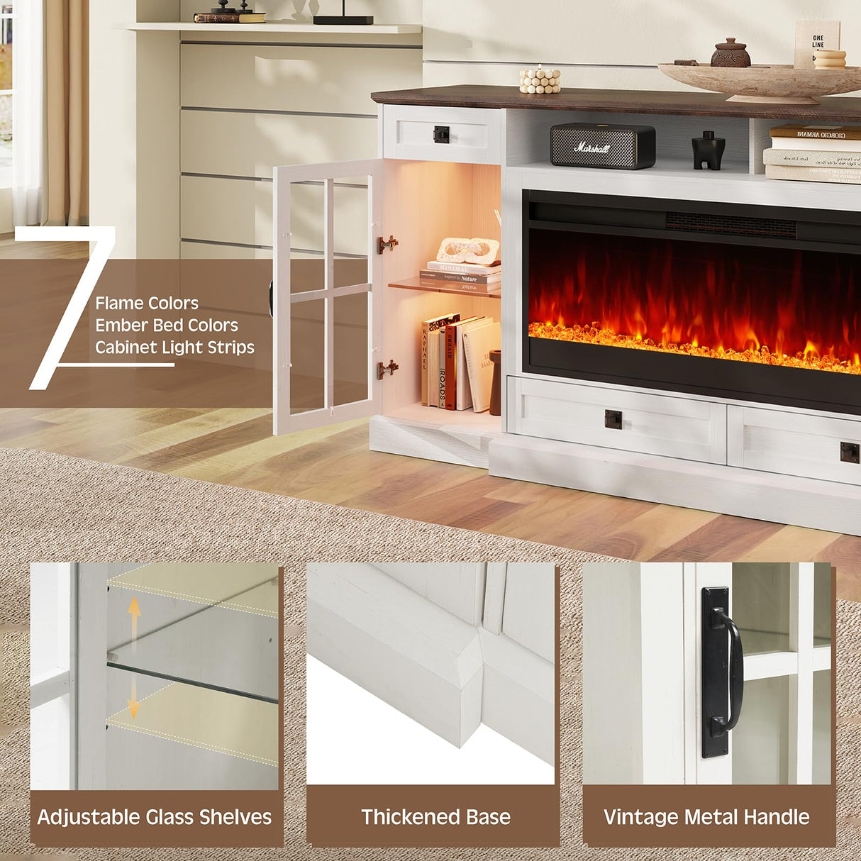 YUMPIE Farmhouse Fireplace TV Stand for TVs up to 80", 70 Inch Large TV Stand with Lighting Glass Door Cabinets/Drawers/Adjustable Shelves, Entertainment Center with 43" Electric Fireplace, White YUMPIE