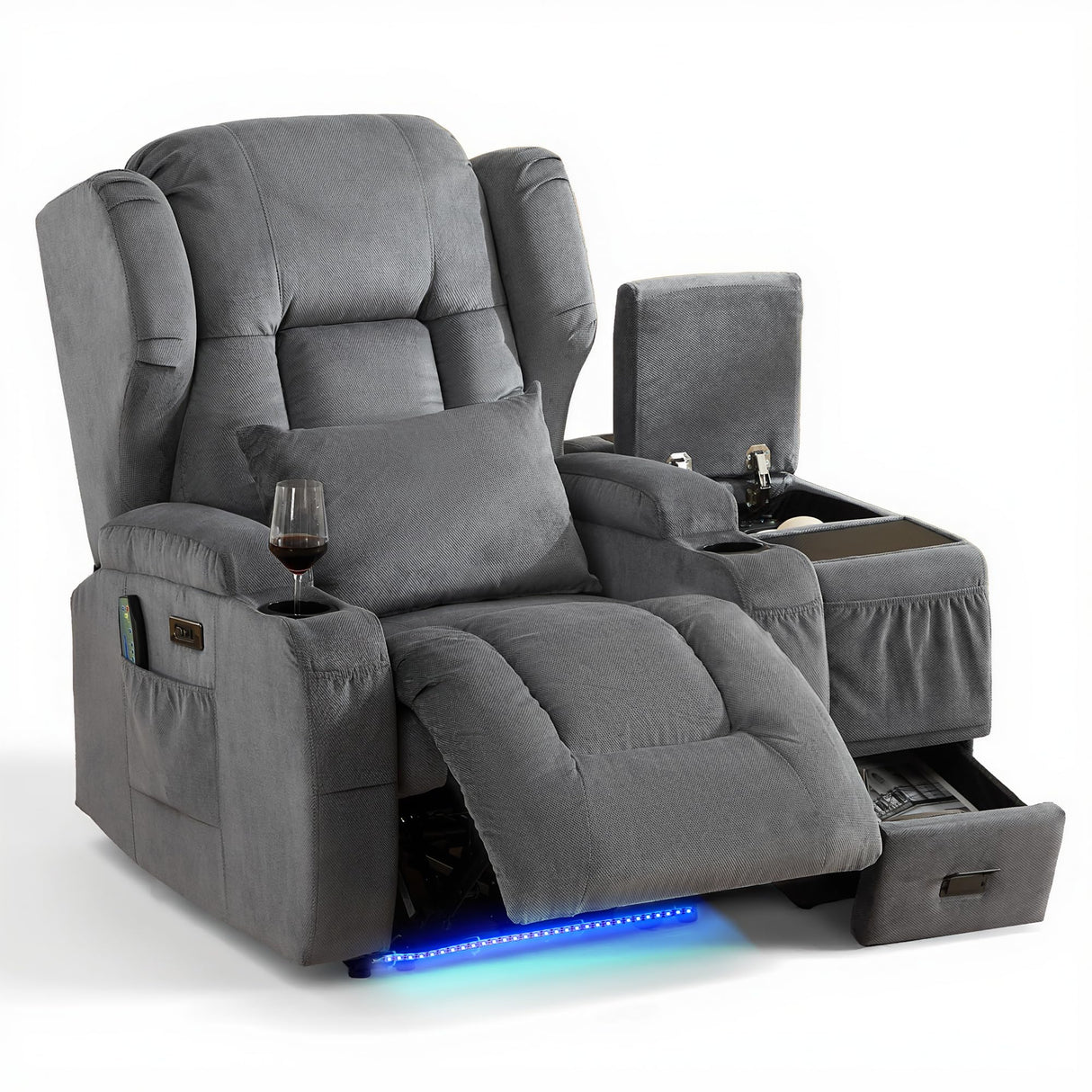DRMBOOK Power Recliner Chair, Electric Wall Hugger Reclining Sofa with Massage & Heat, Overstuffed Theater Seating with LED/USB Port/Cup Holders for Living Room (Linen Grey, 1 Chair with Console) DRMBOOK