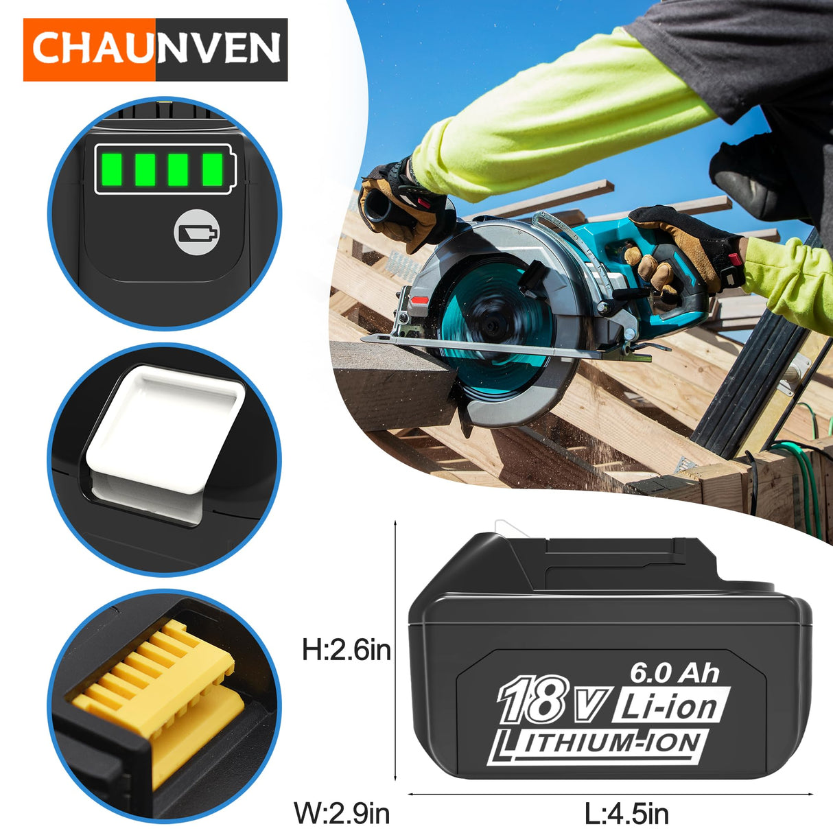 CHAUNVEN 6.0Ah Battery Replacement for Makita 18V Battery Compatible with 18 Volt BL1860B BL1850B BL1840B BL1830B BL1815B Batteries CHAUNVEN
