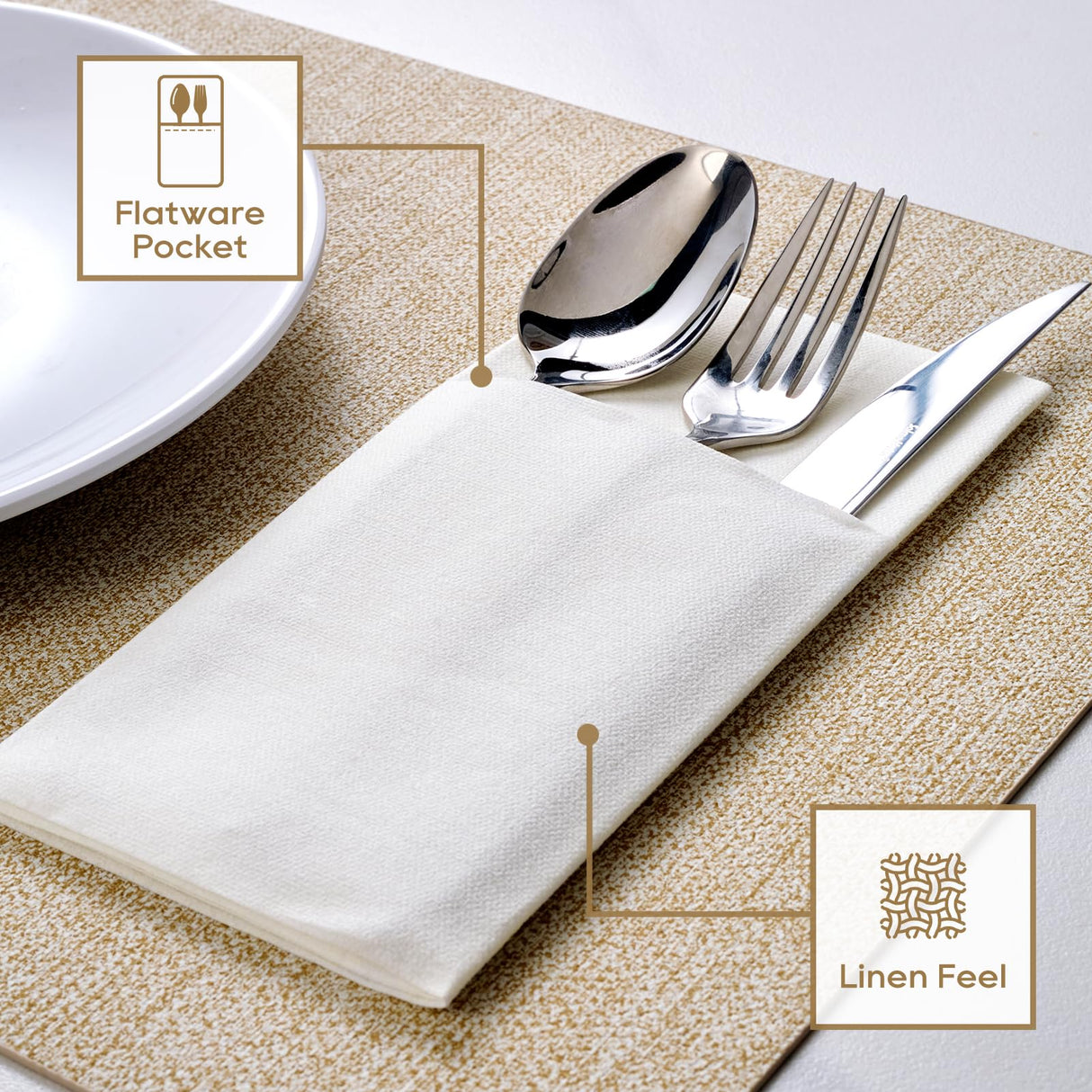 FOCUSLINE 50 Count Disposable Cloth like Napkins, Built-in Flatware Pocket, White Prefolded Paper Napkins, Linen Feel Dinner Napkins for Wedding, Parties, or Events FOCUSLINE