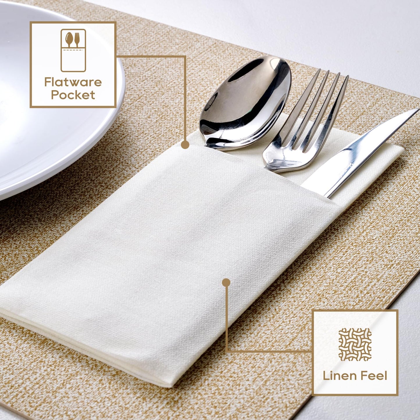 FOCUSLINE 50 Count Disposable Cloth like Napkins, Built-in Flatware Pocket, White Prefolded Paper Napkins, Linen Feel Dinner Napkins for Wedding, Parties, or Events