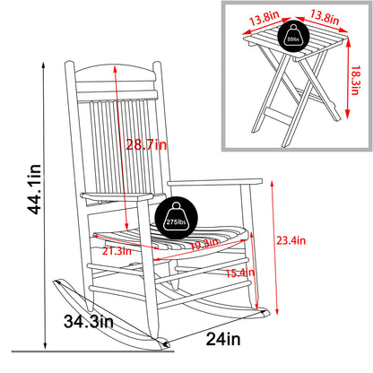 MUPATER Outdoor Rocking Chair Set 3-Piece Patio Wooden Rocker Bistro Set with Foldable Table and Curved Seat, Black - WoodArtSupply