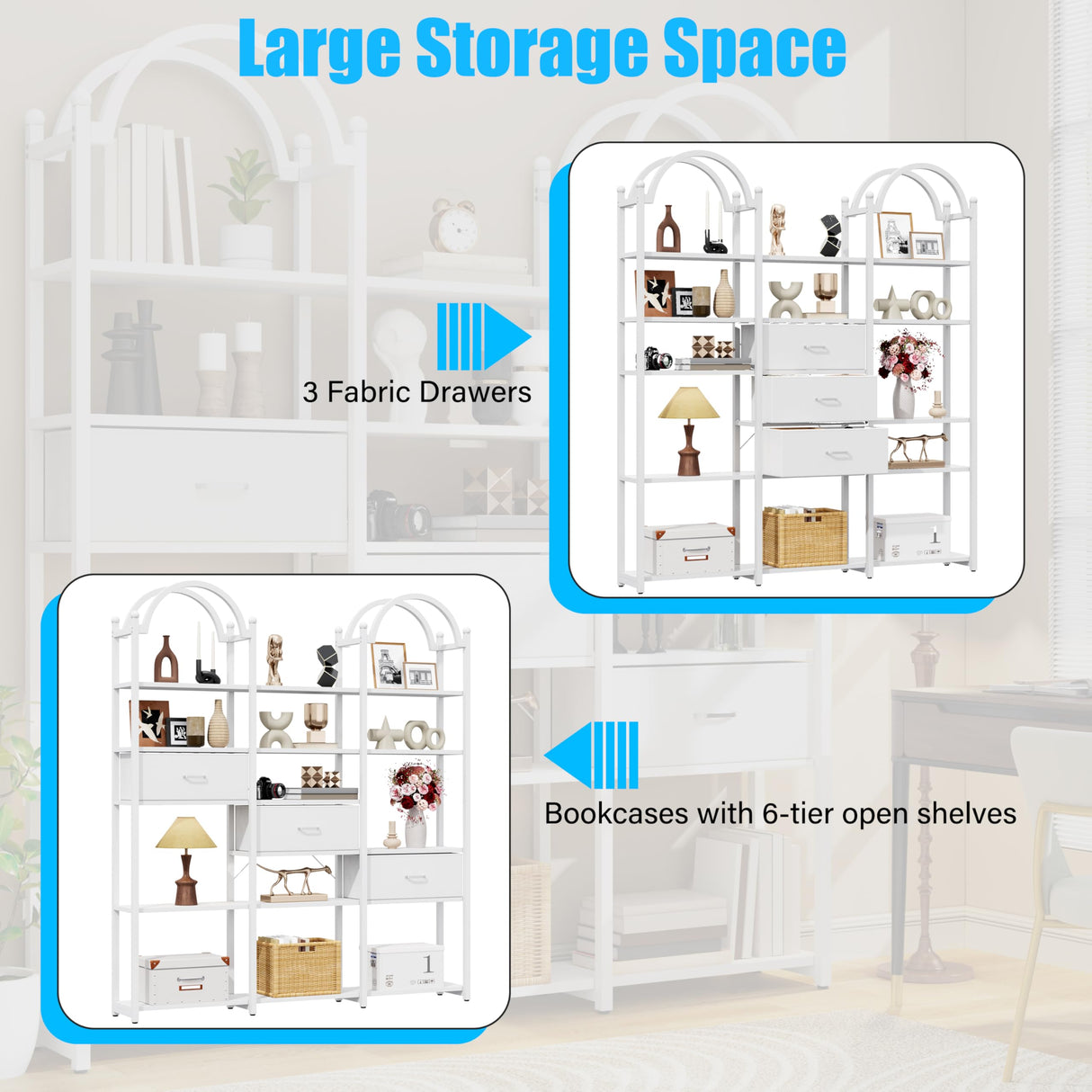 Nosepen 83.5" Tall Arched Bookshelf with 3 Drawers and 13 Storage Shelves, Industrial Open Book Shelf with Display Shelves, Large Etagere Bookshelf, Triple Wide Book Case for Home & Office, White Nosepen
