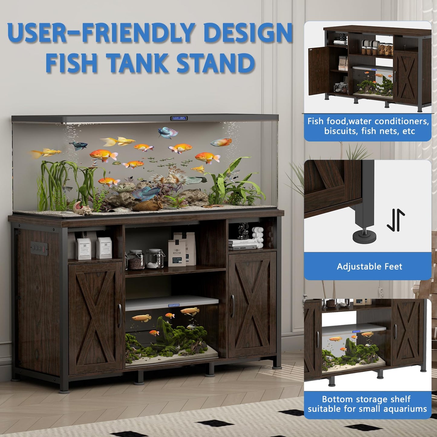 55-90 Gallon Fish Tank Stand with Power Outlets, Aquarium Stand with Cabinet, Heavy Duty Reptile Tank Turtle Terrariums Table for Fish Tank Accessories Storage, 52" L x 19.7" W, 1000LBS Capacity