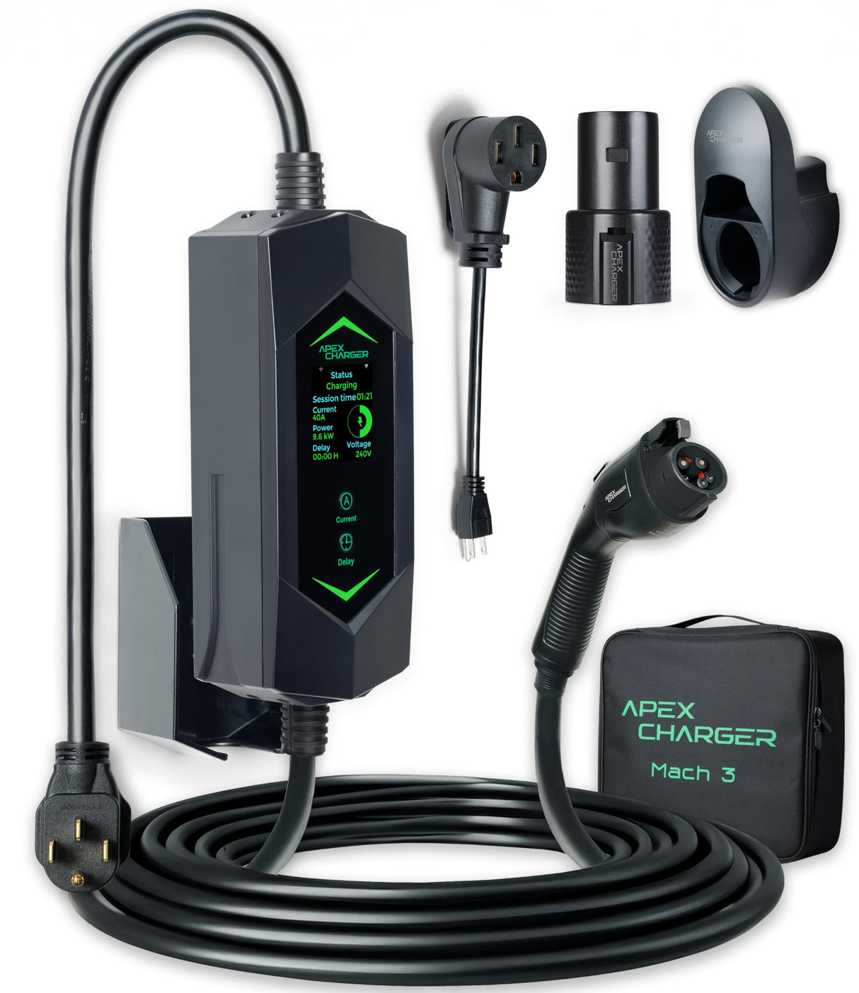 MACH 3 Fast 40 Amp Level 1&2 Portable EV Charger, Electric Vehicle Charging Station, 120-240V NEMA 14-50 w/ 5-15 Adapter. SAE J1772 car Connector & Tesla mobile NACS, Outdoor EVSE, 25ft Cable w/holder ApexCharger