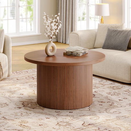 ONBRILL 31.5" Round Coffee Table, Tambour Design Coffee Tables for Living Room, Mid Century Modern Wood Coffee Table, Drum Accent Small Center Table, Walnut ONBRILL