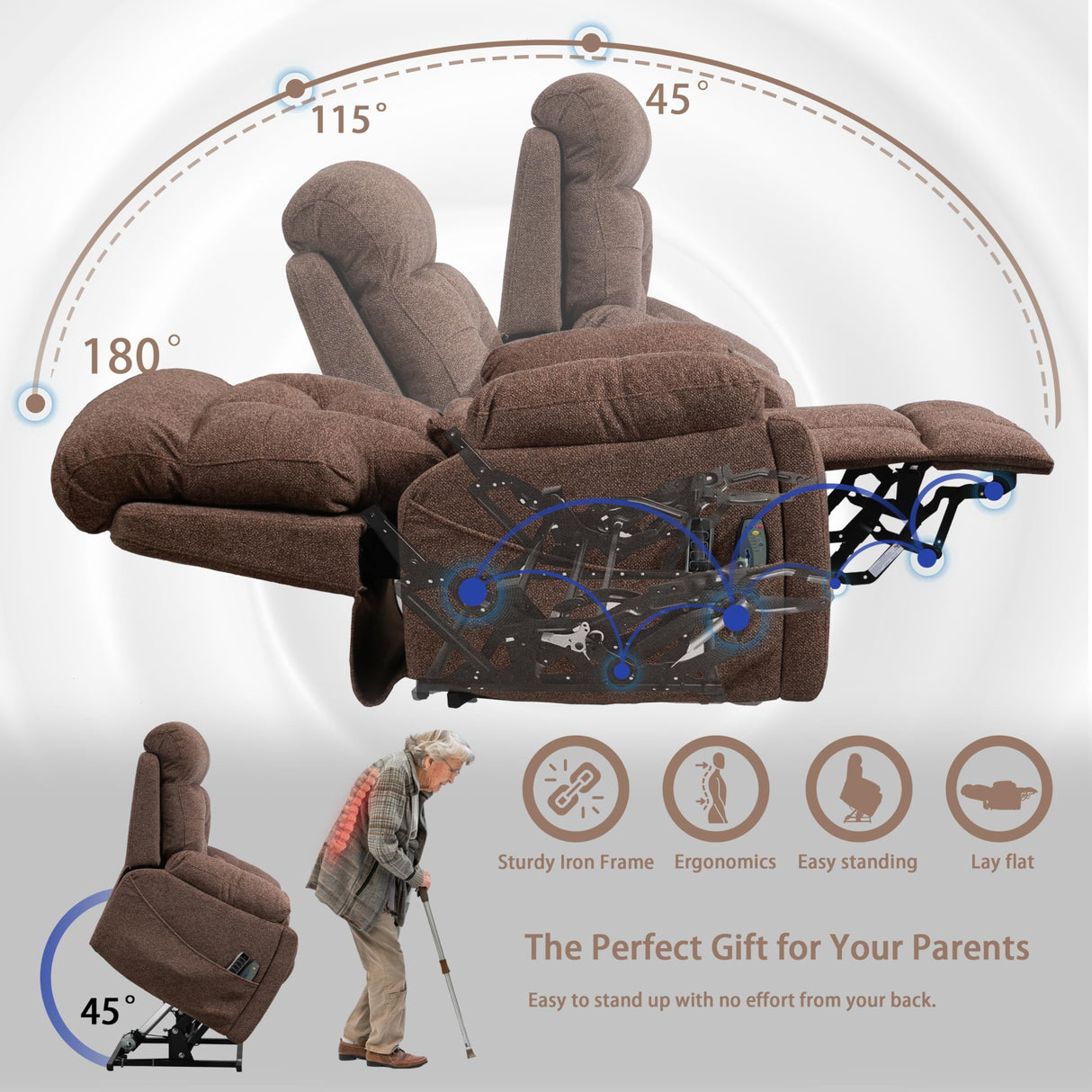 PUG258Y 4-Motor Power Lift Recliner Chair for Big and Tall Seniors: 9689Pro Lay Flat Lift Chair with Heat and Massage, Reclining to 180, Adjustable Headrest and Lumbar - Velvet Fabric - Nut Brown PUG258Y