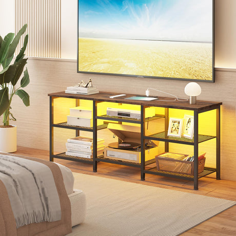 YGEOMER TV Stand for 55 inch TVs, Entertainment Center with Movable Shelf Panels, Power Outlet and LED Lights Open Storage Shelves, TV Media Console Table for Living Room and Bedroom, Rustic Brown YGEOMER