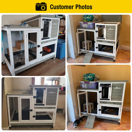 Aivituvin Upgrade Rabbit Cage Indoor Bunny Hutch with Run with Two Deeper No Leak Trays - 4 Casters Include for Outdoor (Mocca) Aivituvin