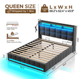 Rolanstar Bed Frame Queen Size with Lift Up Storage, Charging Station & LED Lights, Upholstered Storage Headboard, Heavy Duty Wooden Slats, No Box Spring Needed, Noise Free, Easy Assembly, Dark Grey Rolanstar