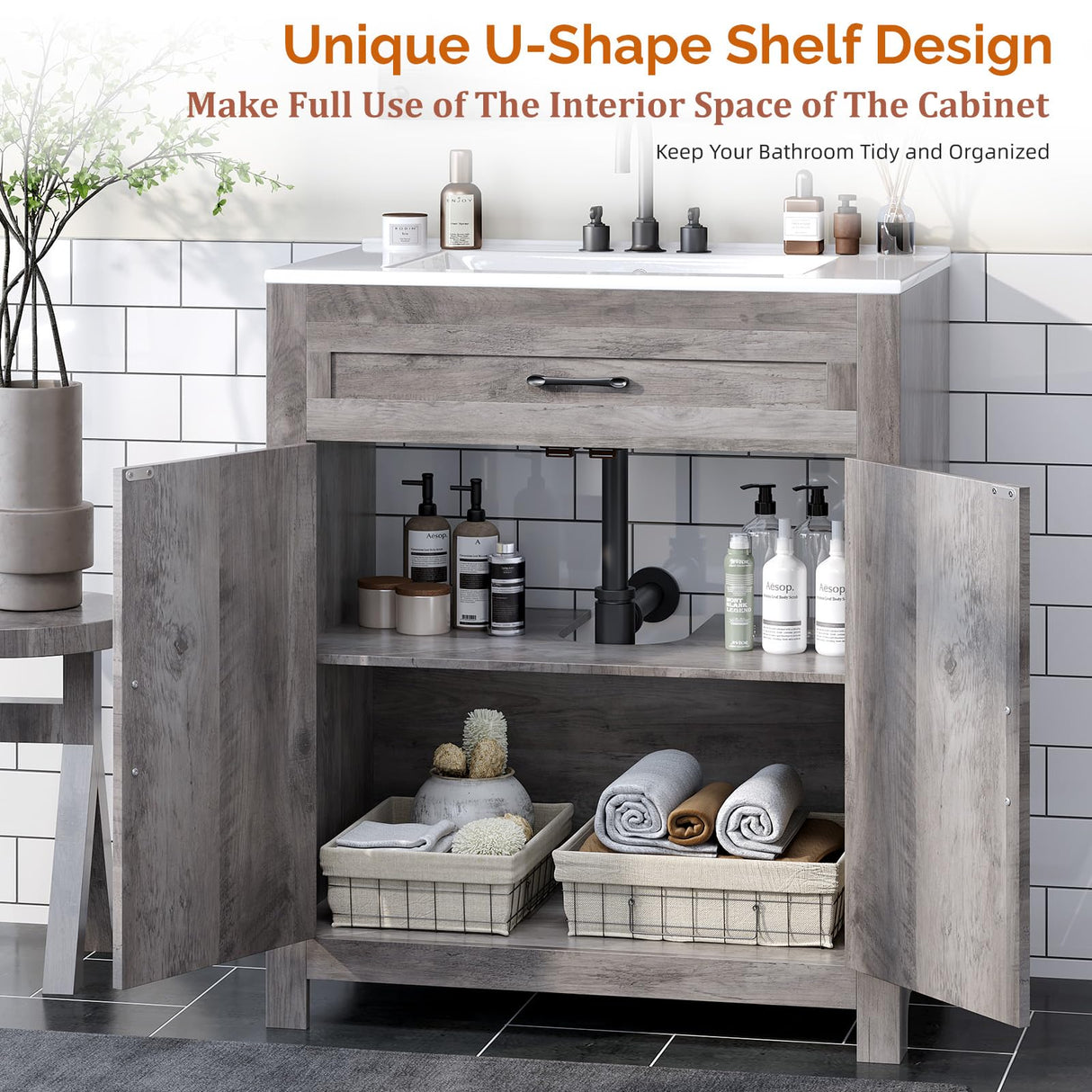 VINGLI Farmhouse Bathroom Vanity with Ceramic Sink, Bathroom Vanity Cabinet w/Barn Door&Faux Drawer, 30 Inch Bathroom Sink Cabinet Combo, Rustic Floor Storage Cupboard,Grey Wash VINGLI