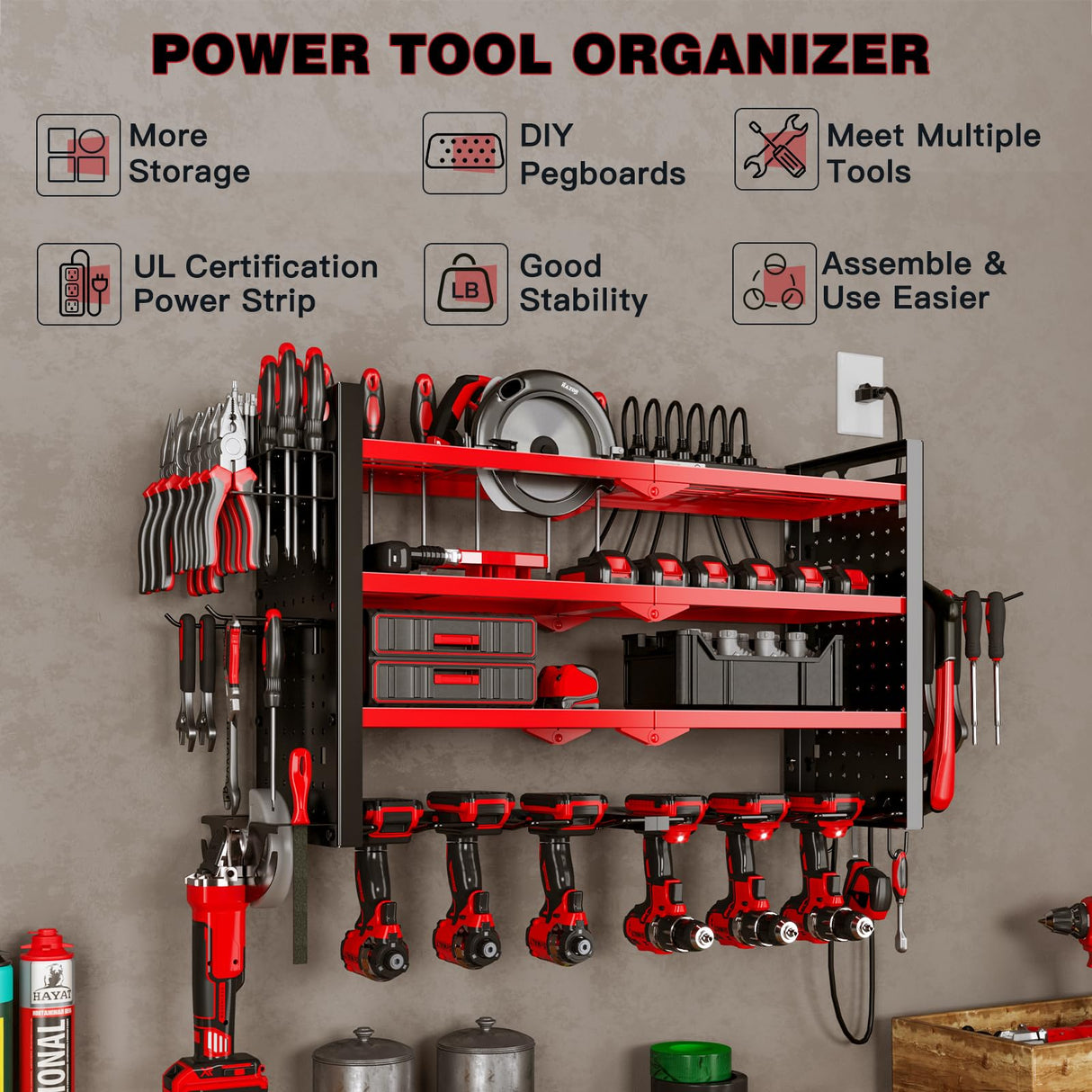 NattyDot Power Tool Organizer Wall Mount with Charging Station 4 Layer 6 Slot Cordless Drill Holder with Angle Grinder Holder (Red) NattyDot
