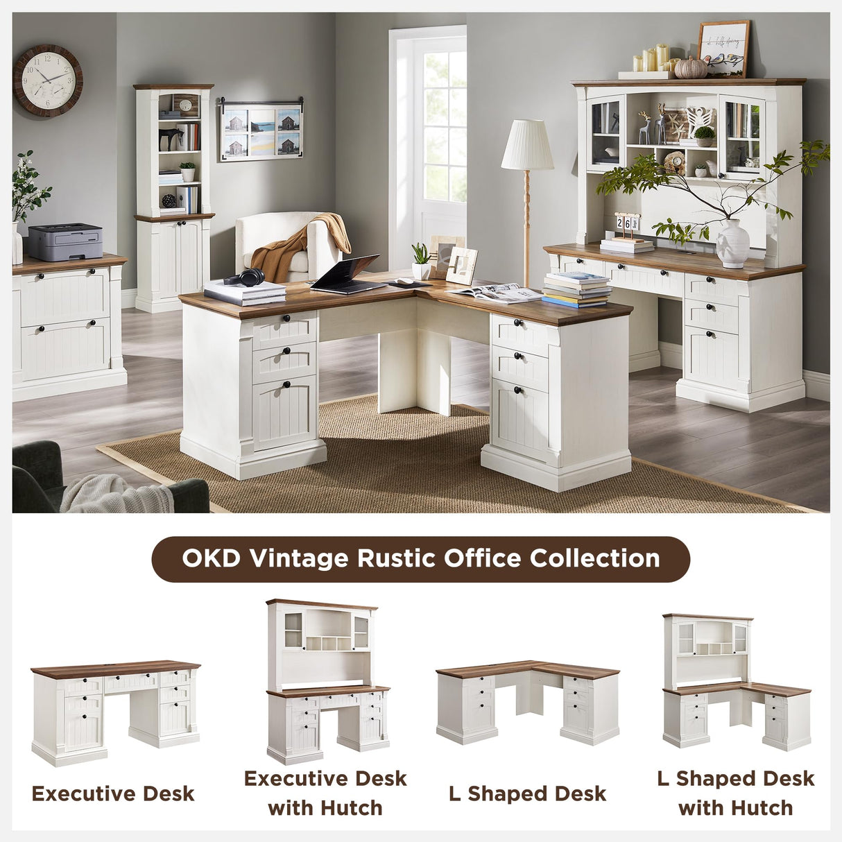 OKD 60" L Shaped Executive Desk with Drawers, Farmhouse Home Office Desk with Charging Station, File Cabinet Storage, Wood Corner Computer Desk for Work and Study, Antique White OKD