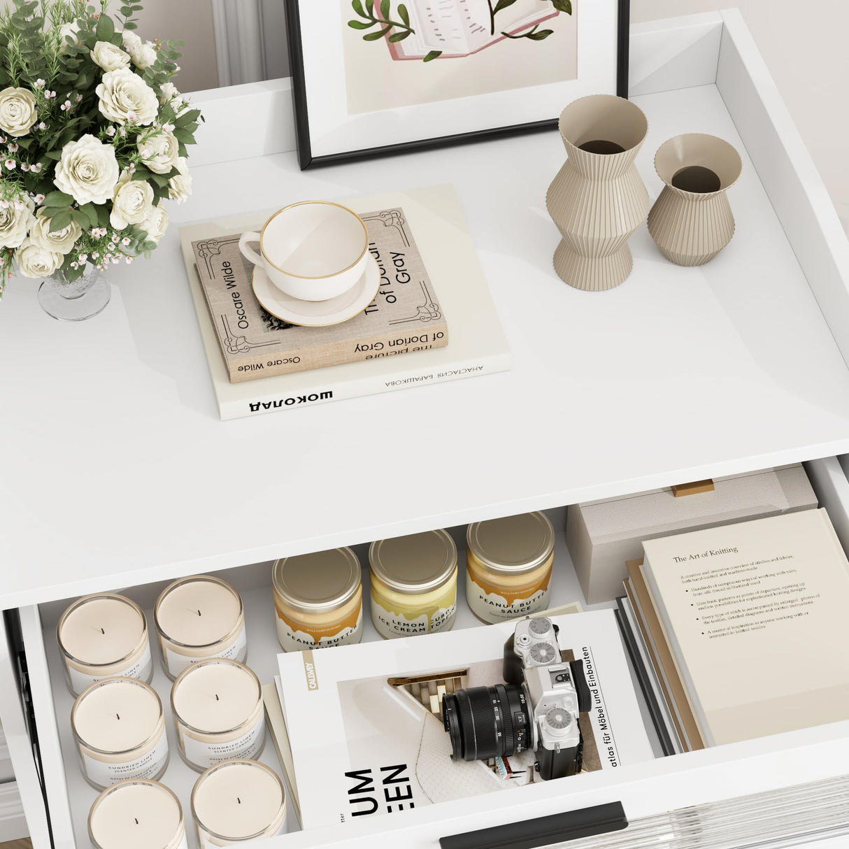 HOSTACK Modern 5 Drawer Dresser for Bedroom, Tall White Dresser Chest of Drawers with Metal Handles, Wood Dresser Storage Cabinet with Anti-Drop Fence & Fluted Glass for Living Room, Entryway, White HOSTACK