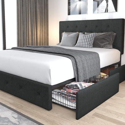 Allewie Dark Grey Upholstered Queen Size Platform Bed Frame with 4 Storage Drawers and Adjustable Headboard