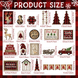 Shellwei 24 Pcs Christmas Tiered Tray Decor Wood Rustic Christmas Decoration for Home Table Shelf Christmas Winter Farmhouse Decor Xmas Trees Gnome Elk Snowflake Wooden Signs Buffalo Plaid Table Decor Shellwei