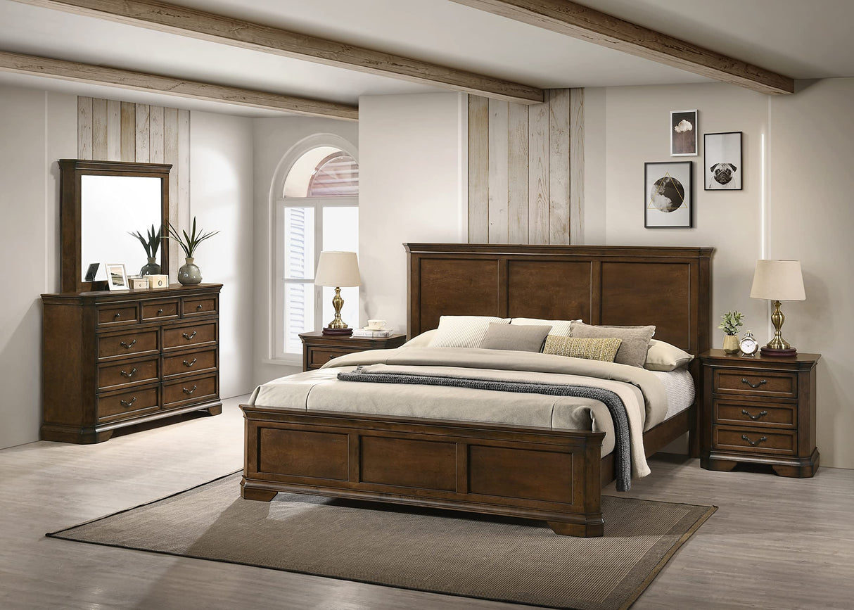 Roundhill Furniture Maderne Traditional Wood Panel Bed with Dresser, Mirror, Two Nightstands, King, Antique Walnut Roundhill Furniture
