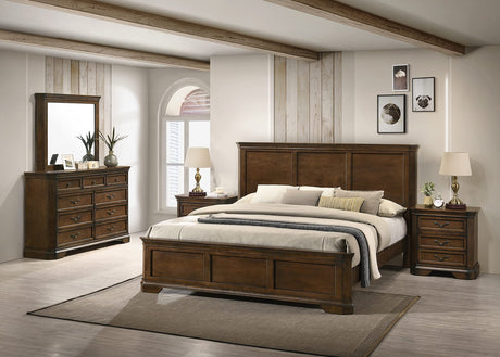 Roundhill Furniture Maderne Traditional Wood Panel Bed with Dresser, Mirror, Two Nightstands, King, Antique Walnut Roundhill Furniture