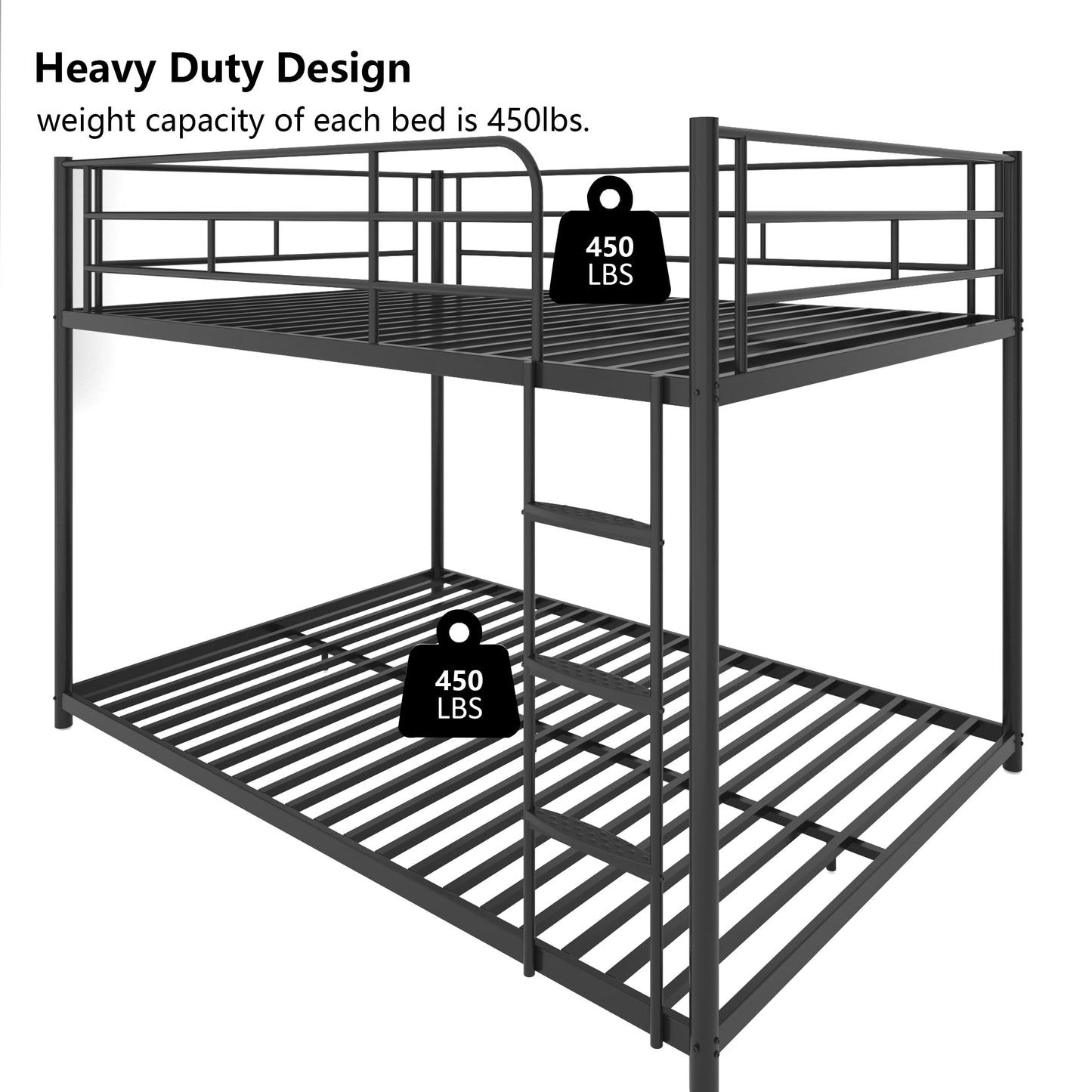 UOCFYK Full Over Full Bunk Bed, Metal, Black, Low Profile, Space Saving, No Box Spring Needed, Comfortable Ladder, Full-Length Guardrail