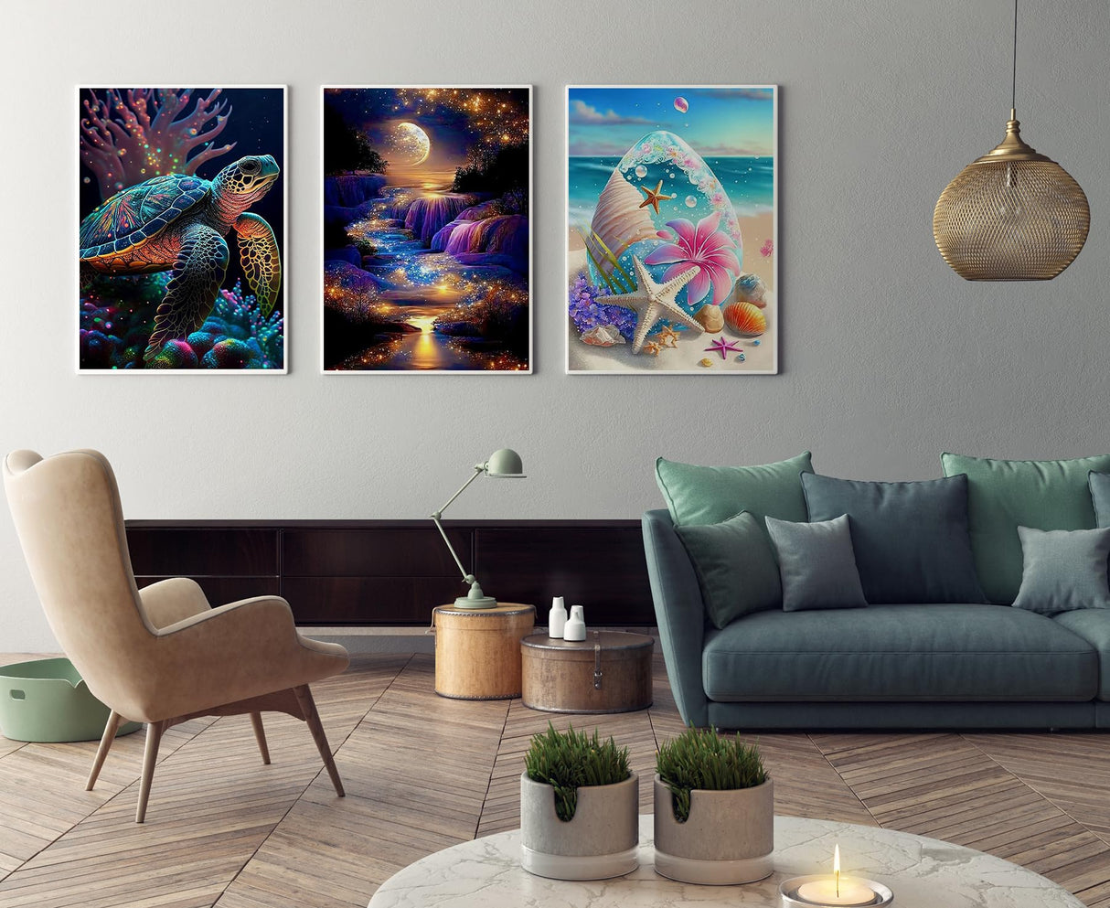 AREOPNMG 6pack Sea Turtle Beach Diamond Painting Kits for Adults Beginners,5D Moonlight Waterfall Landscape Diamond Art,DIY Full Round Drill Dot Gem Art Kits,Home Wall Decor 9.8x13.8 Inch AREOPNMG