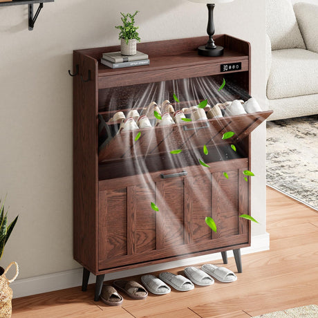 ChooChoo Shoe Storage Cabinet with 2 Flip Drawers, Deodorizing Shoe Organizer Storage for Entryway, Freestanding Hidden Slim Narrow Shoe Rack Cabinet, Walnut ChooChoo