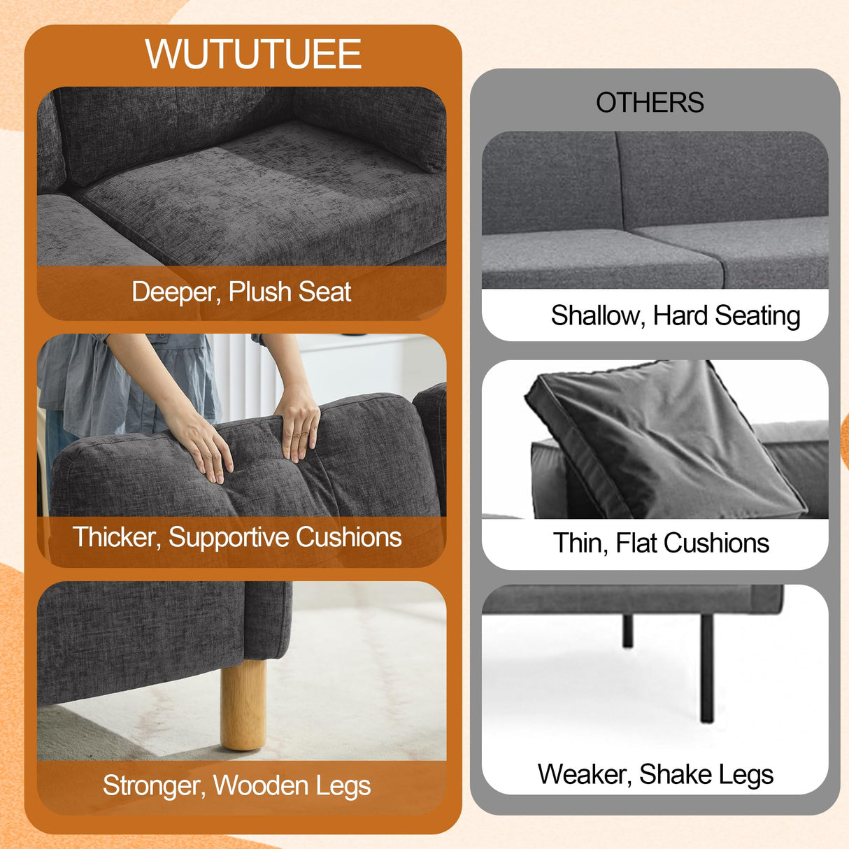 WUTUTUEE 65" Chenille Loveseat Sofa, Modern 2-Seater Love Seat Couch with Armrest Pillows, Storage Pockets, Easy Assembly, Upholstered Tufted Loveseat Couches for Living Room Bedroom, Dark Grey WUTUTUEE