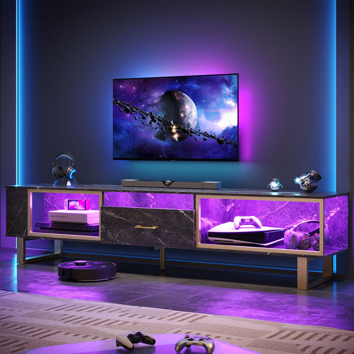 Bestier 80 Inch TV Stand for 65/75/85/90 Inch TVs, LED Gaming Entertainment Center with Open Storage and Half-Glass Design Drawer, Modern High Gloss Media Console for Living Room Bedroom, Black Marble Bestier