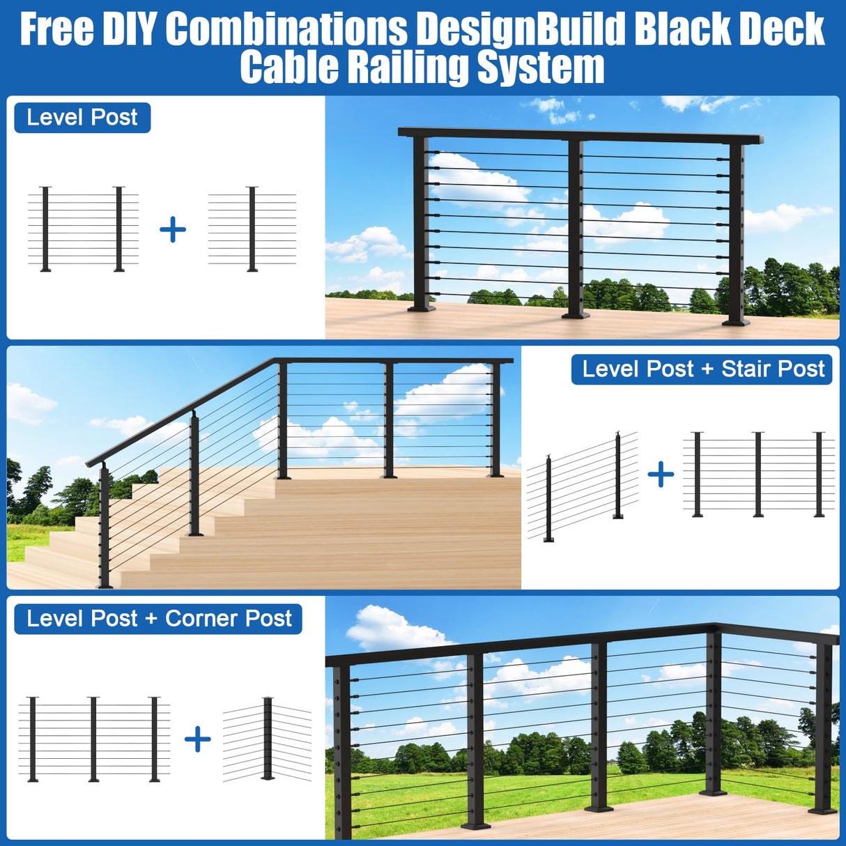 CKE 10ft-15ft Complete Set 36" Cable Railing Post Kit, 3Pack Black Level Drilled Line Posts(35"x2"x2"), Swageless Deck Cable Railing System Kit, 220ft 1/8" Wire Rope(No Handrail), Black Post Kit LPS02 CKE