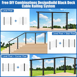 CKE 10ft-15ft Complete Set 36" Cable Railing Post Kit, 3Pack Black Level Drilled Line Posts(35"x2"x2"), Swageless Deck Cable Railing System Kit, 220ft 1/8" Wire Rope(No Handrail), Black Post Kit LPS02 CKE