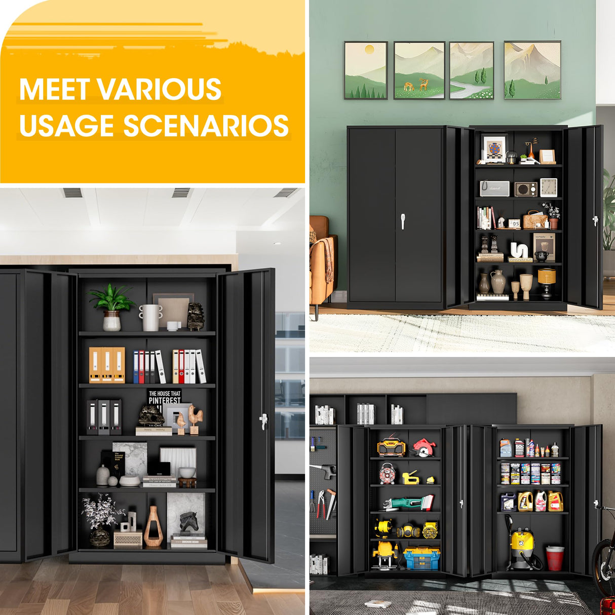 Greenvelly 72" H Metal Garage Storage Cabinet with 2 Doors and 4 Adjustable Shelves, Black Metal Cabinet with Lock, Metal Tool Cabinet for Office,Home, Garage, Gym, School Greenvelly