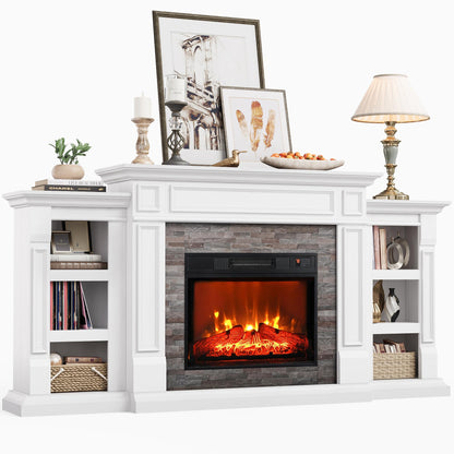 70" Electric Fireplace with Mantel, Fireplace TV Stand for TVs Up to 80 Inch, Modern Entertainment Center with Storage, Realistic Stacked Stone Surround with Remote Control for Living Room, Bedroom