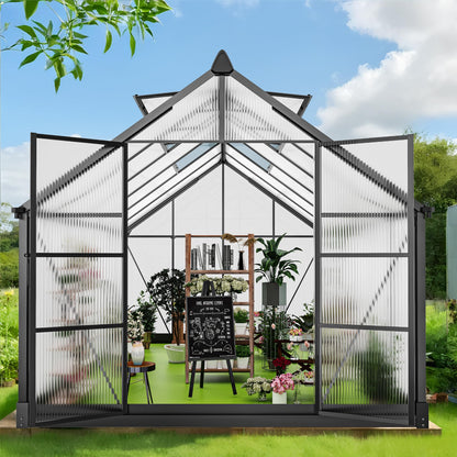 ANYAGREE 8' x 12' Thicked Polycarbonate Greenhouse, Greenhouse with Double Flush Door, Rain Gutter and Ventilation Window, Green House for Sunroom, Garden, Backyard, Walk-in Large Winter Greenhouse