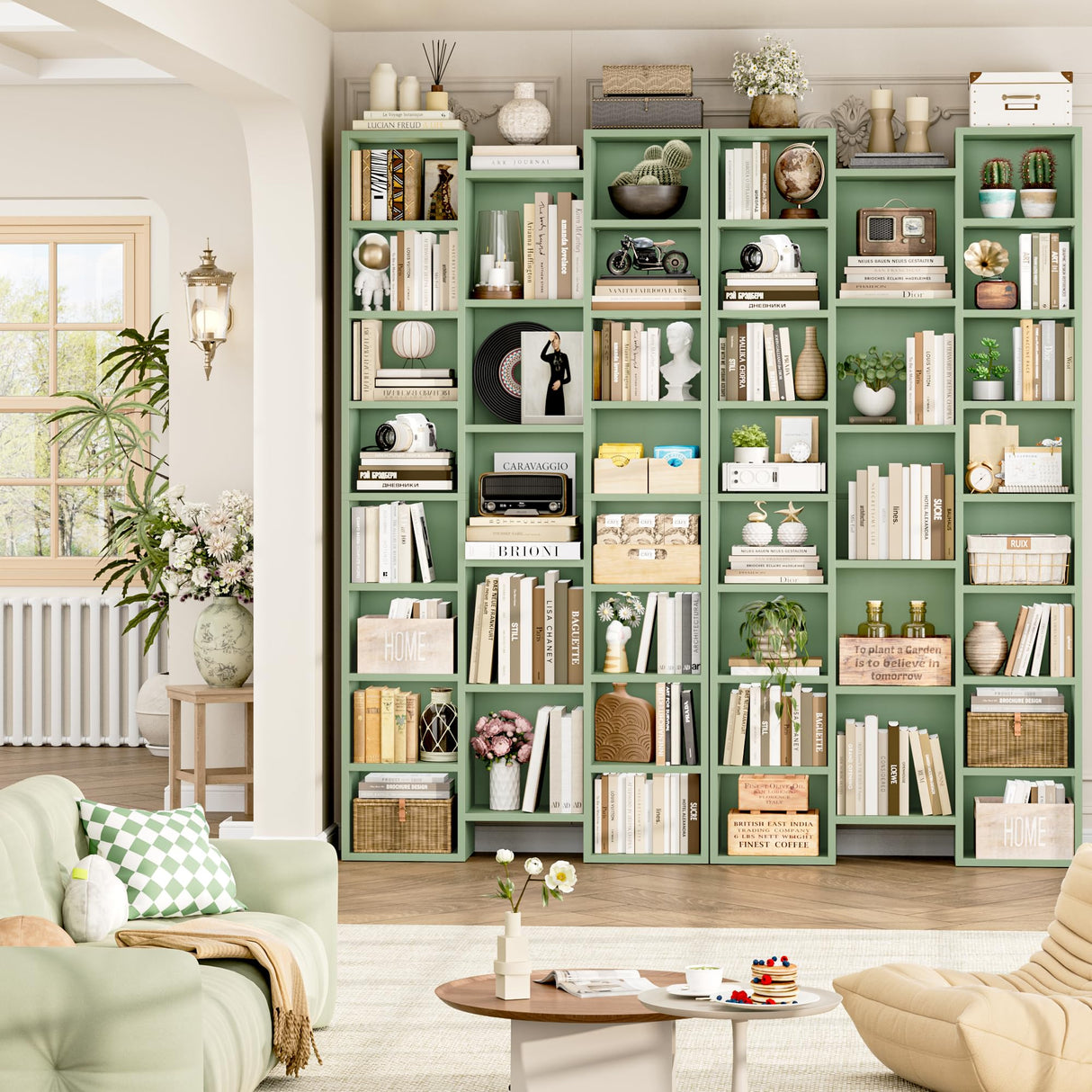 FOTOSOK 71’’ Tall Bookshelf, Triple Wide Bookshelf with Adjustable Shelves, 8 Tier Media CD DVD Storage Tower Rack, Diaplay Cabinet Shelf, Cube Storage Organizer Shelf for Home Office, Green FOTOSOK