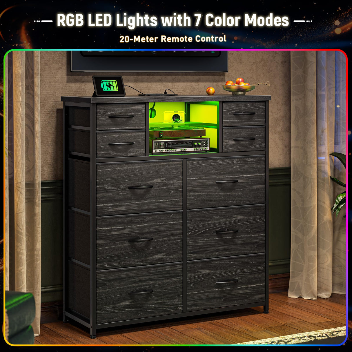 Romorgniz Dresser for Bedroom with 10 Drawers Featuring LED Light and Power Outlet, Fabric Dressers & Chest of Drawers with Open Shelves for Hallway, Living Room, Metal Frame,Wood Top,Grain Black Romorgniz