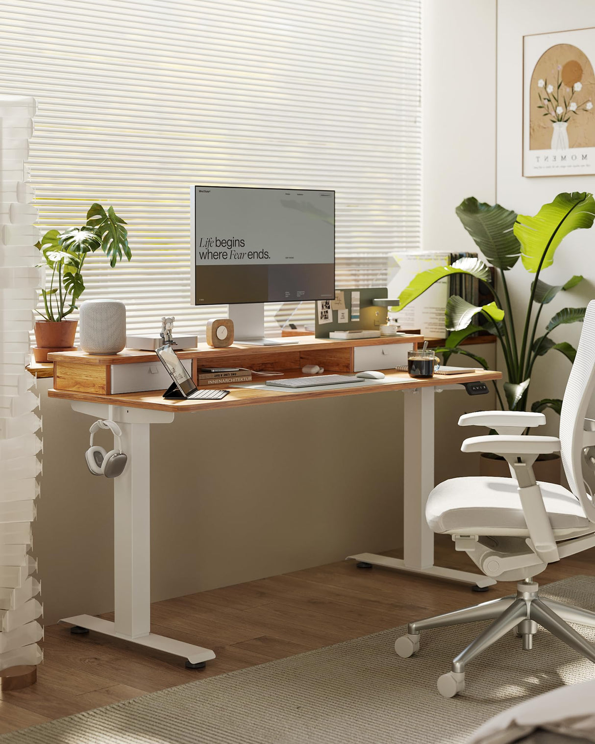 FEZIBO 55 x 24 Inch Height Adjustable Electric Standing Desk with Double Drawer, Stand Up Desk with Storage Shelf, Light Rustic FEZIBO