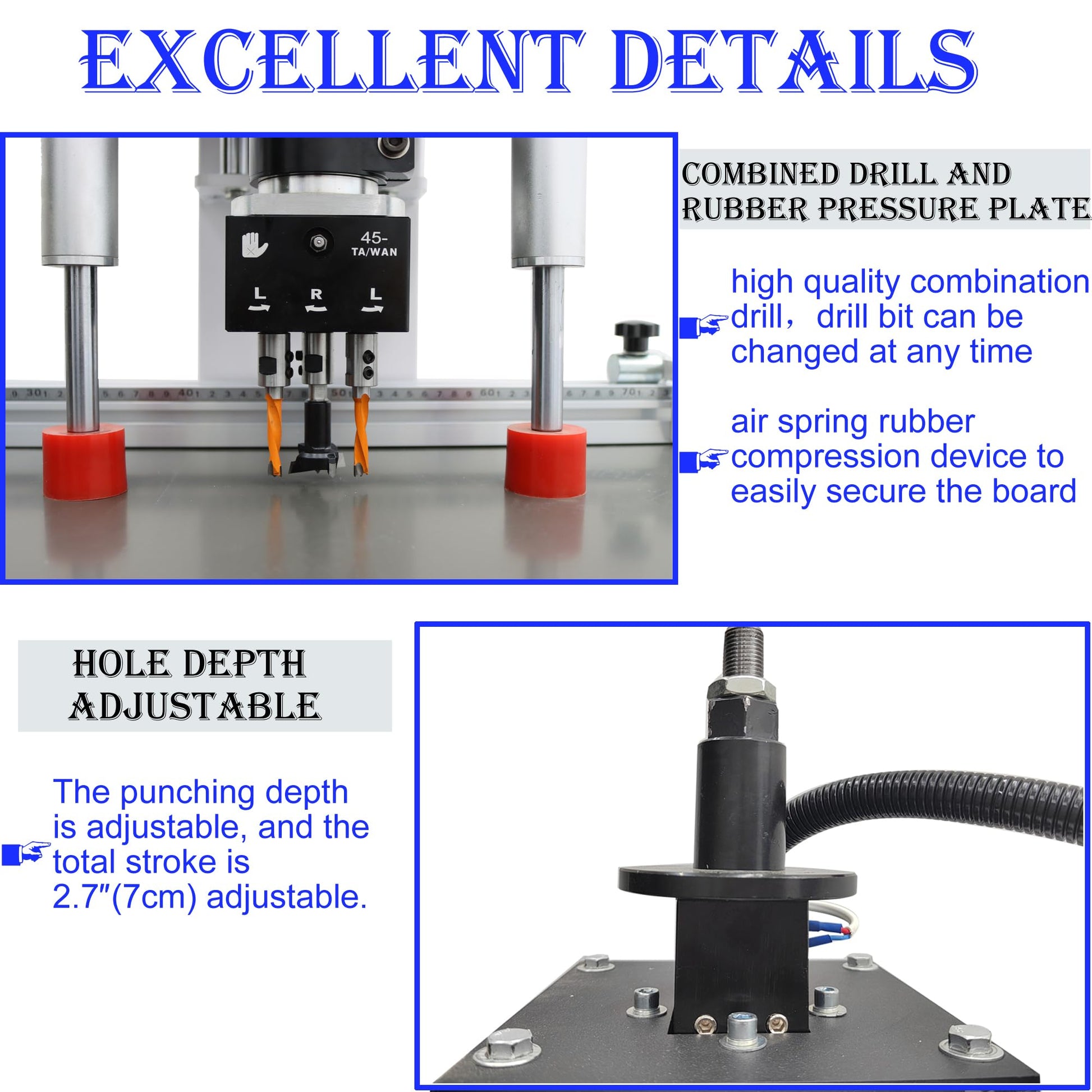 HQHAOTWU Pneumatic Hinge Boring Insertion Machine Single Head Hinge Boring Drill Press Machine Woodworking Hinge Drilling Processing Machine Adjustable Punching Depth 45-9.5 Combined Drill - WoodArtSupply