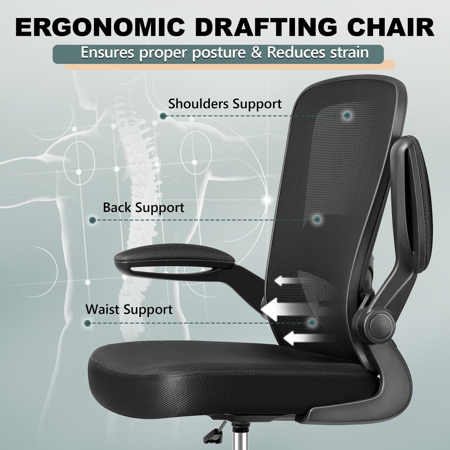 FelixKing Drafting Chair Ergonomic Tall Office Chair, Breathable Mesh Chair with Adjustable Footrest Ring Lumbar Support Flip-up Armrests, High Back Executive Comfy Task Computer Chair for Home Office