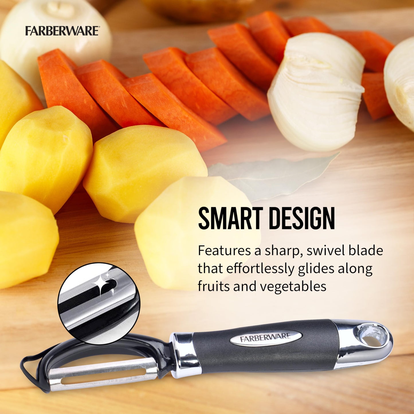 Farberware Euro Peeler, a Kitchen Essential for Quick and Easy Peeling of Produce, Chocolate, Cheeses and More. Features Hang-Hole for Easy Storage, Dishwasher Safe, Black