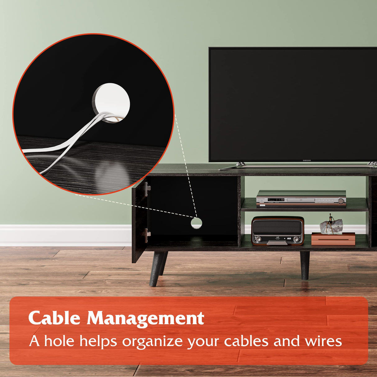 WLIVE TV Stand for 55 60 inch TV, Modern Entertainment Center with Storage Cabinets, Mid Century TV Console Table for Bedroom, TV Stand for Living Room, Charcoal Black WLIVE