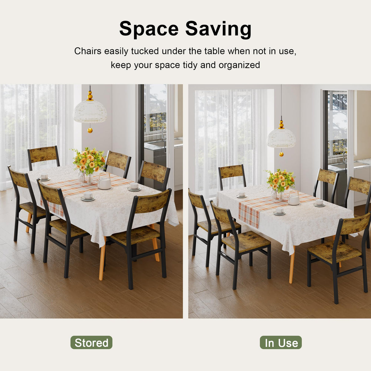 Feonase Dining Chairs Set of 6, Modern Kitchen Chairs with Ergonomic Backrest, MDF Board and Metal Legs, Dinner Chairs for Dining Room, Kitchen and Living Room, Rustic Brown Feonase