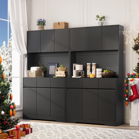 NBYSGO 71" Pantry Cabinet with Power Outlets and Led Lights,Freestanding Kitchen Pantry Storage Cabinet with Microwave Stand,Tall Kitchen Hutch with Storage Drawers,Dining Room,Black NBYSGO