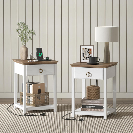 End Table with Charging Station,Set of 2,Farmhouse Nightstand with Storage,Square Side Table with Drawer,White End Tables Living Room,Bedroom,Solid Wood Bedside Table,Modern Sofa Side Table,W - WoodArtSupply