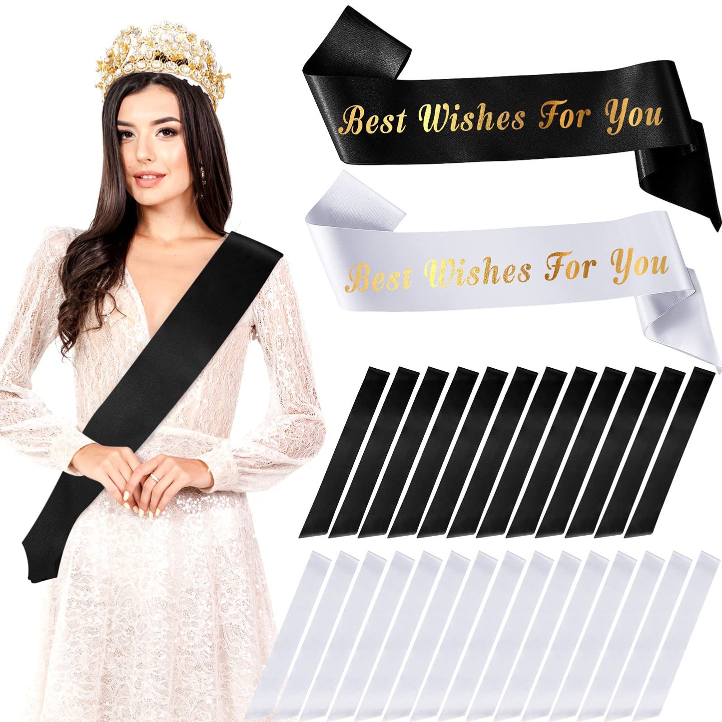 24 Pieces Satin Sash Blank Sashes Pageant Sash Blank Sashes Plain Sashes DIY Plain Sashes Satin Sashes for Wedding Party Decoration Personalized Pageant Your Text Here (Black, White)