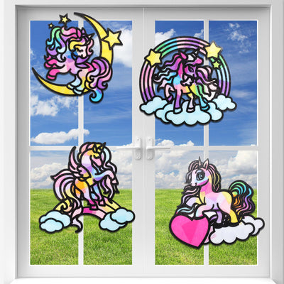 Tinlade 24 Pack Colorful DIY Suncatcher Paper Crafts Stained Glass Effect Paper Suncatchers, 600 Tissue Papers, Window Art Arts and Crafts for Party Favors(Unicorn Style)