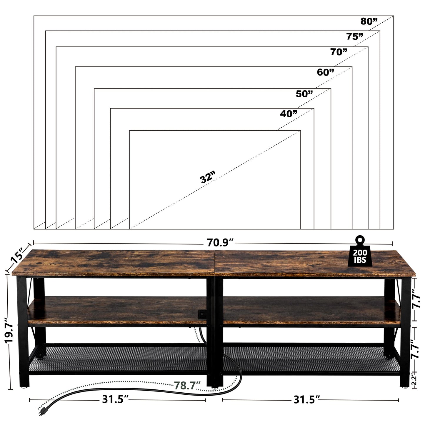 Clikuutory Modern Brown 71 inch Metal TV Stand with LED Lights and Power Outlets for 50 60 65 70 75 80 Inch TVs, 3 Tier Television Stands with Entertainment Center and Storage for Living Room - WoodArtSupply