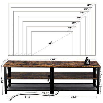 Clikuutory Modern Brown 71 inch Metal TV Stand with LED Lights and Power Outlets for 50 60 65 70 75 80 Inch TVs, 3 Tier Television Stands with Entertainment Center and Storage for Living Room - WoodArtSupply