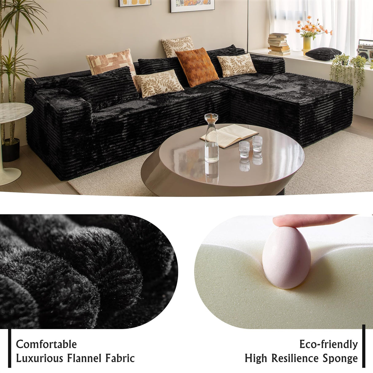 Black sectional couches for Living Room Corduroy Couch，104" Cloud Sectional Couch with L-Shape Chaise， Modern Modular Sofa, Deep Seat Comfort, No Assembly Required(Plush Corduroy Fabric) HKUVUKH