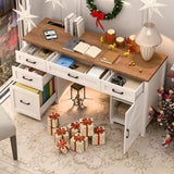 Farmhouse 61'' Executive Desk with 5 Drawers, Rustic Office Desk Computer Desk with Charging Station, File Drawers and Storage Cabinet, Wood Workstation for Study and Home Office,(Unique White) Vabches