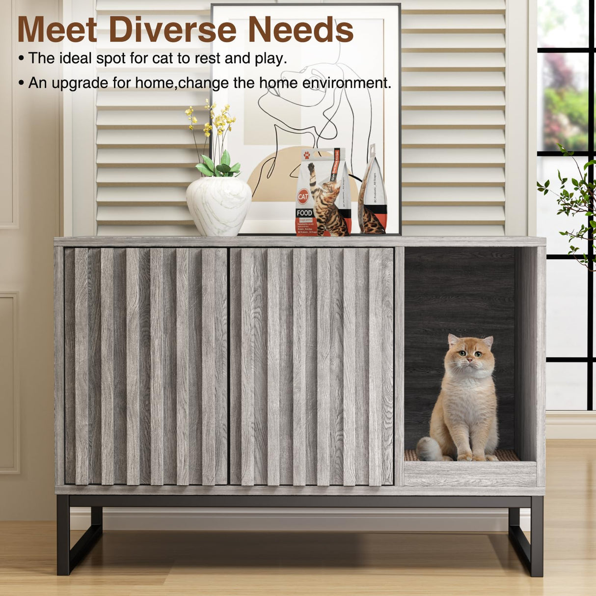 Halitaa Litter Box Enclosure, Modern Cat Litter Box Enclosure Furniture Hidden Litter Box with Cat Scratch Pad, Cat Washroom Cat House End Table, Entryway Bench for Livingroom (Grey) Halitaa